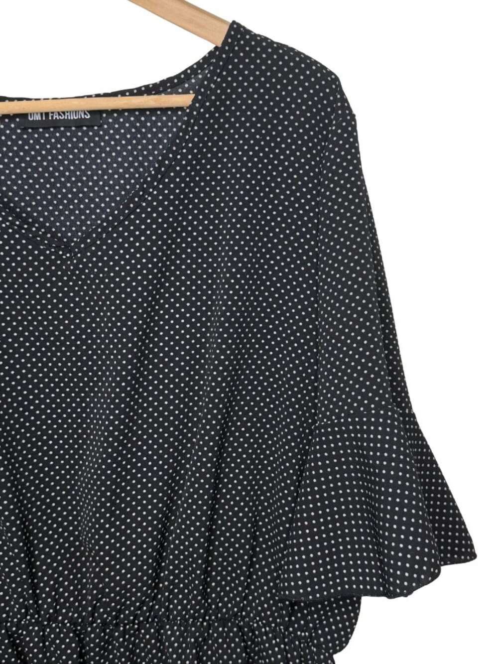 OMT Fashions Polka Dot Peplum Blouse Size 1X Black White Flutter Sleeve - Picture 3 of 10